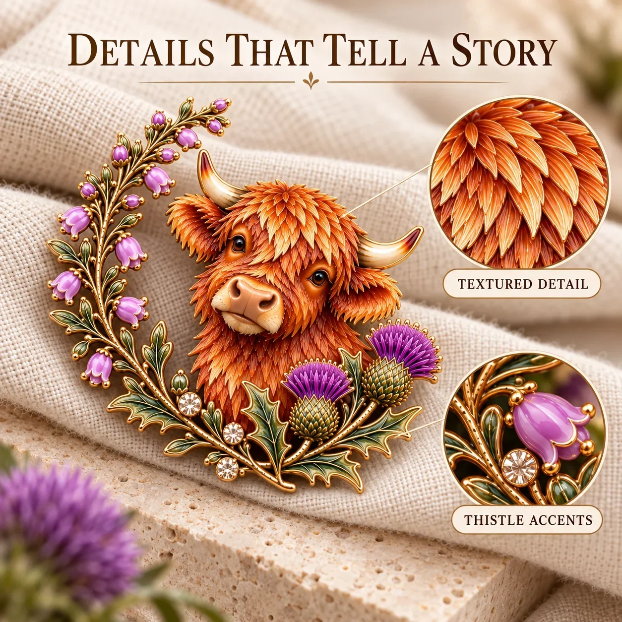 Highland Cow and Thistle brooch on a warm woven fabric