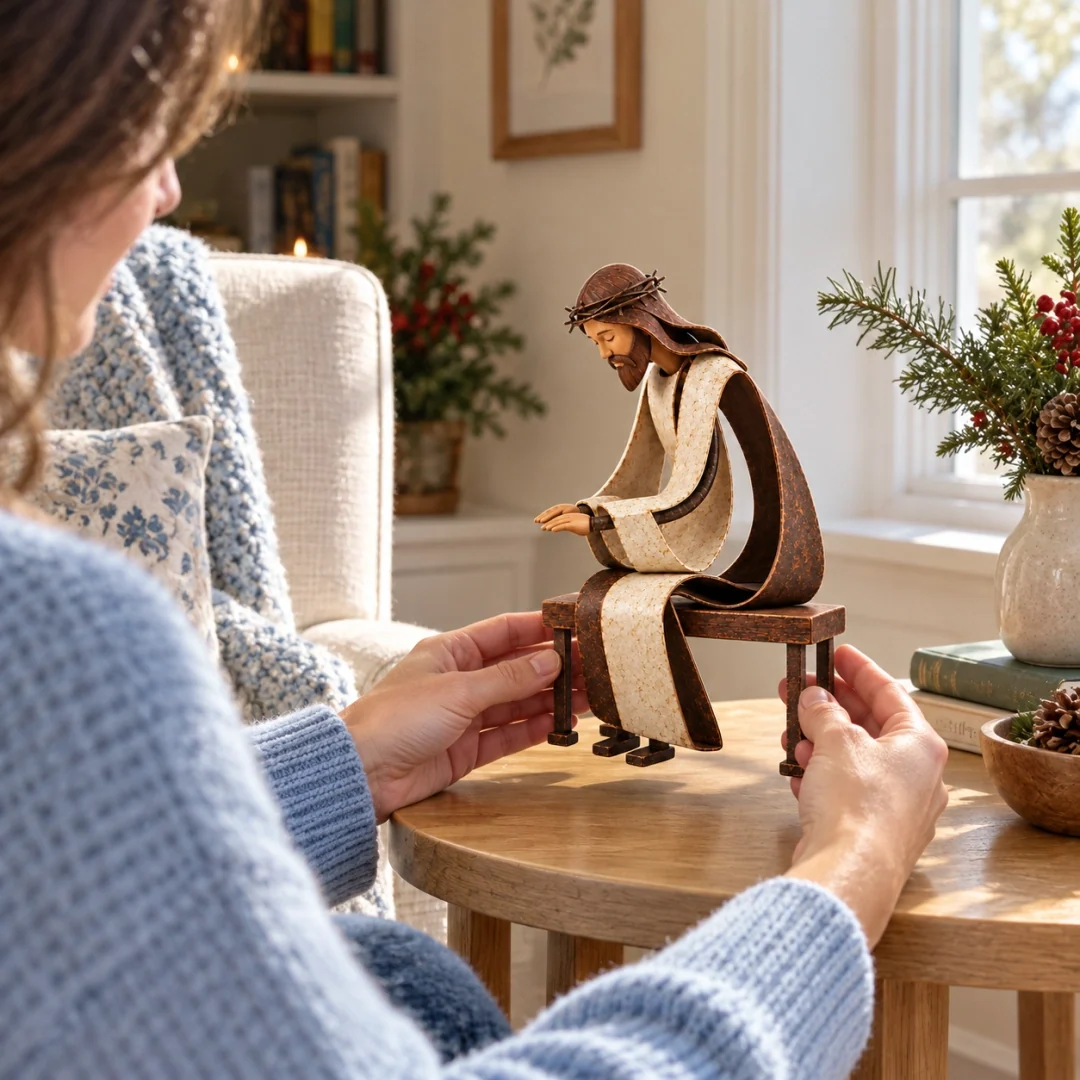 A person holding the seated Jesus figurine beside a cozy Christmas display
