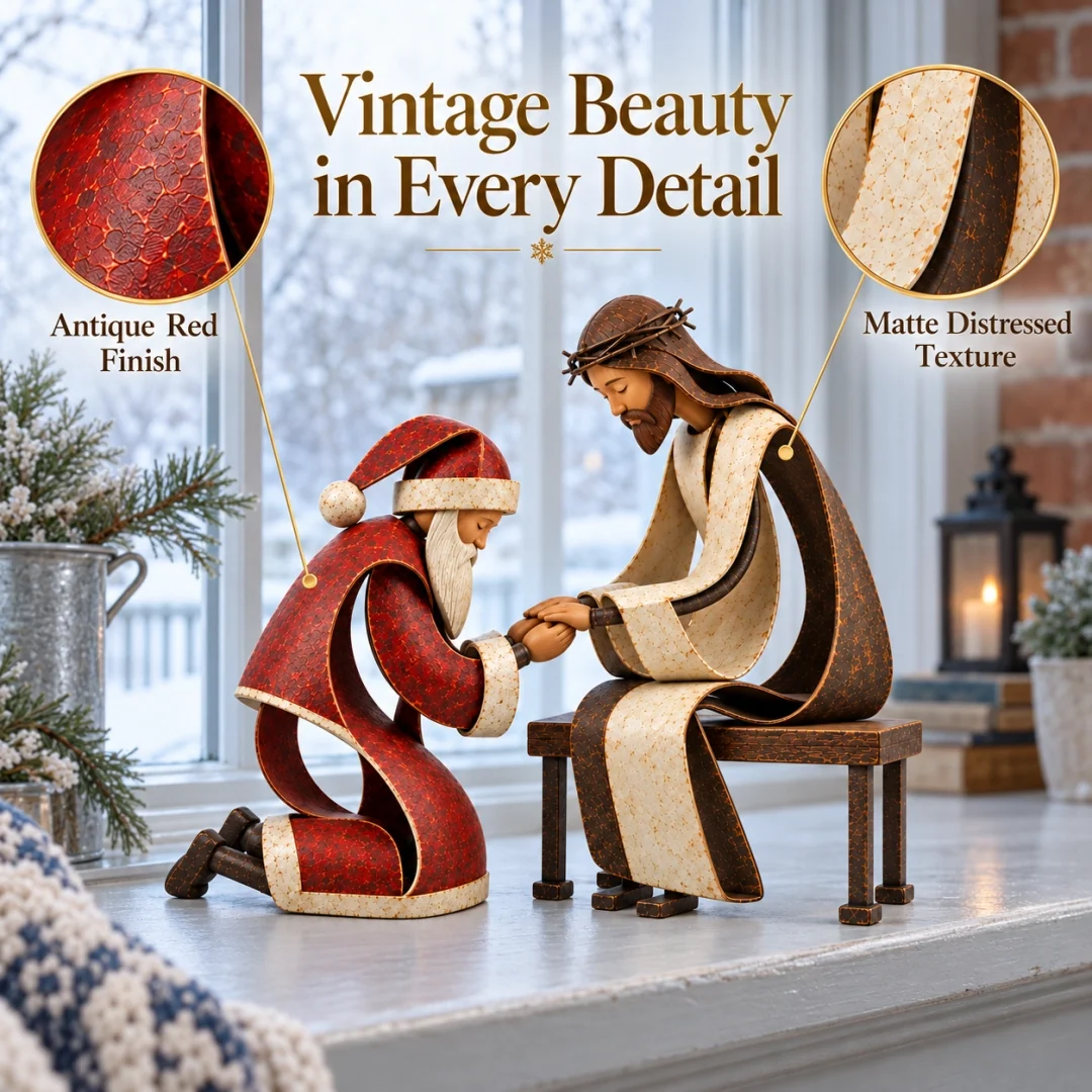 Close-up details of the figurines showing antique red coloring, wood details, and matte distressed finishes