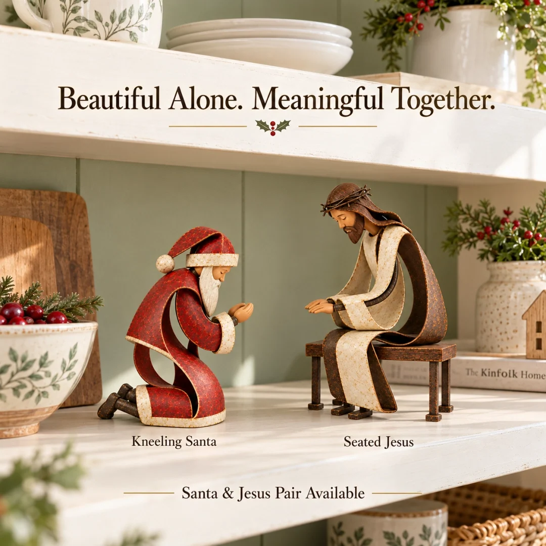 Kneeling Santa and seated Jesus displayed separately to show the available figurine styles