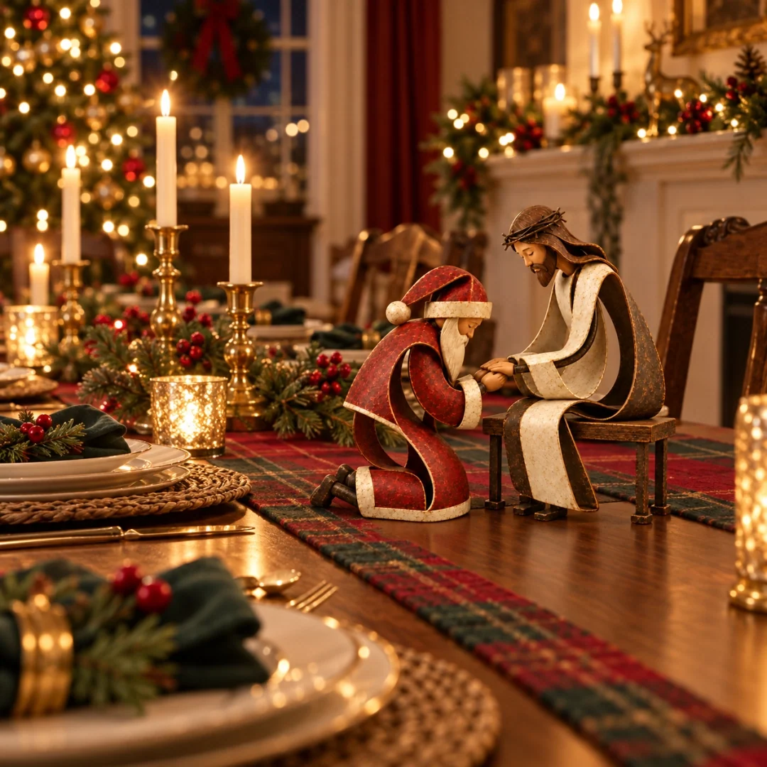 Santa and Jesus figurines displayed on a festive table surrounded by traditional Christmas décor