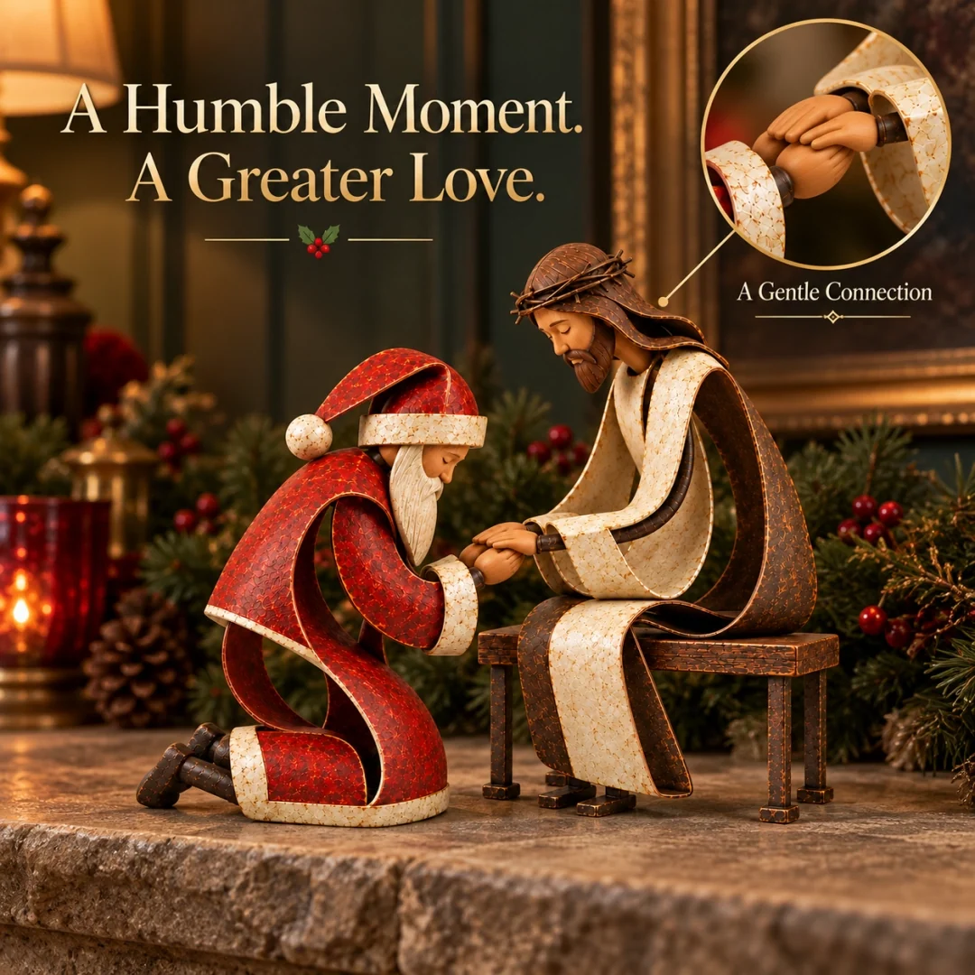 Santa and Jesus figurines with a close-up of their gently meeting hands
