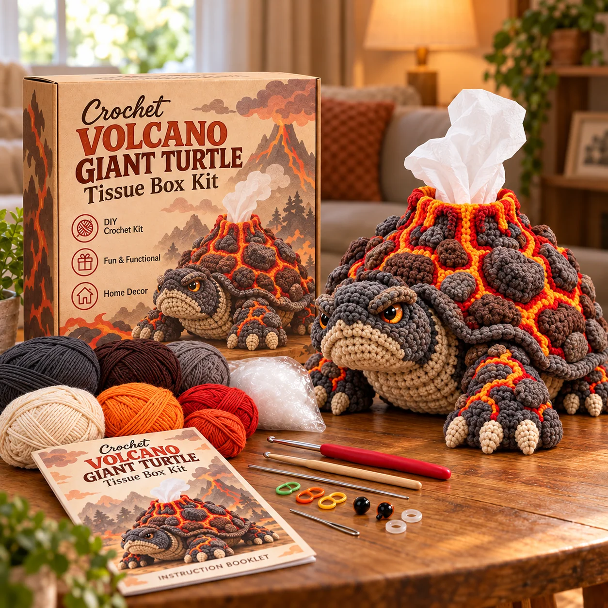 Dark gray crochet lava turtle with molten orange cracks and tissues emerging from a volcano on its shell