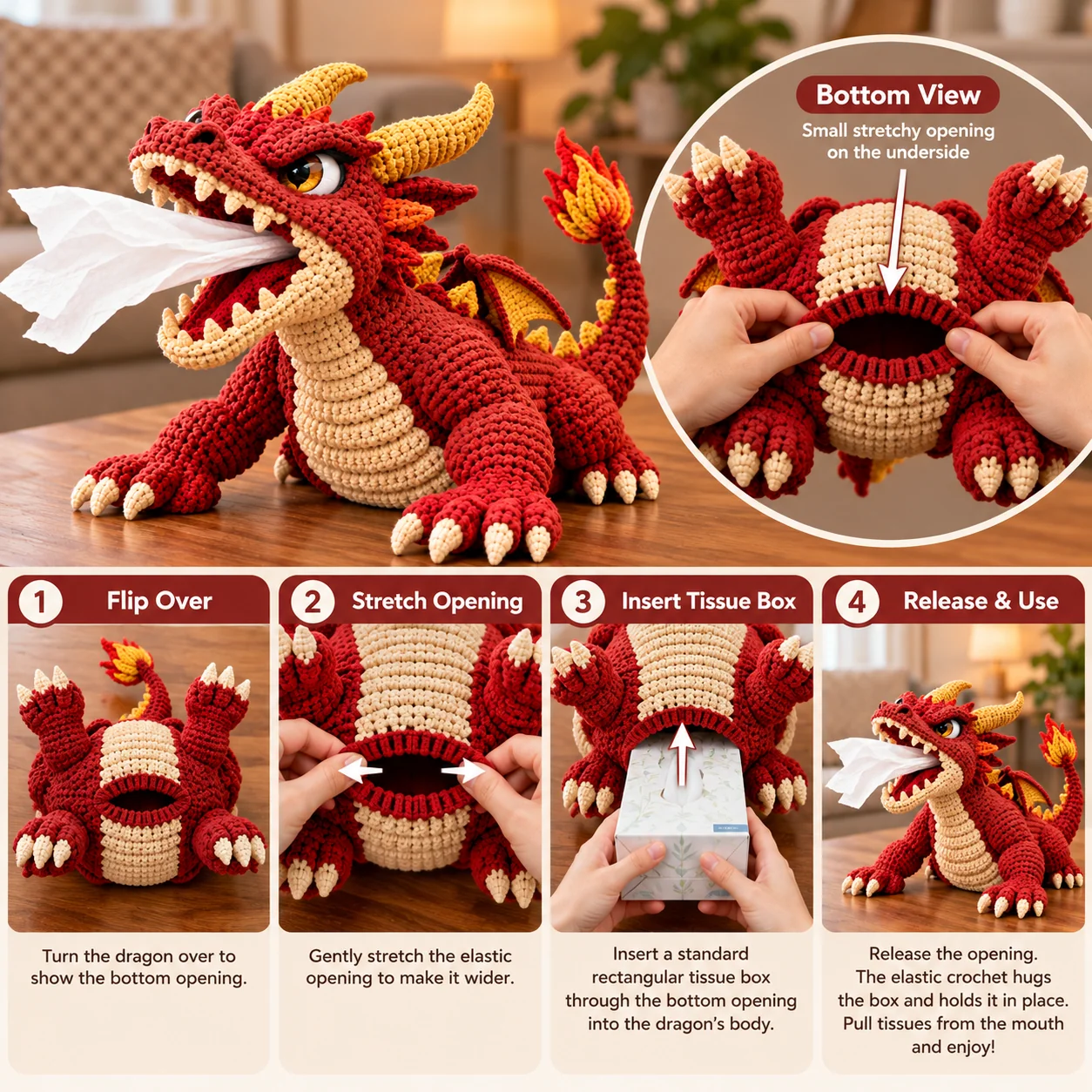 Four-step demonstration of installing a tissue box inside the dragon through its stretchable bottom opening