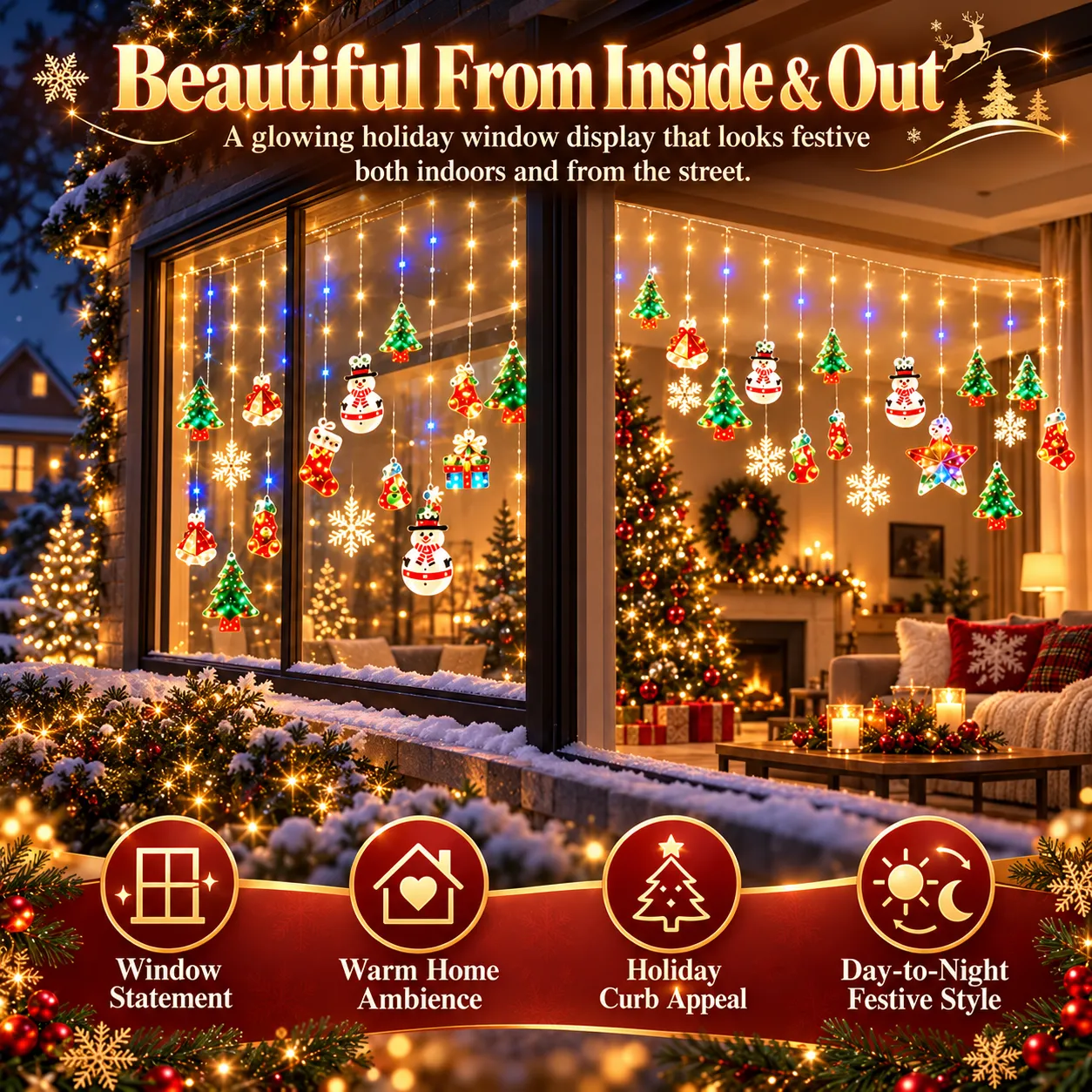 Christmas curtain lights glowing through a home