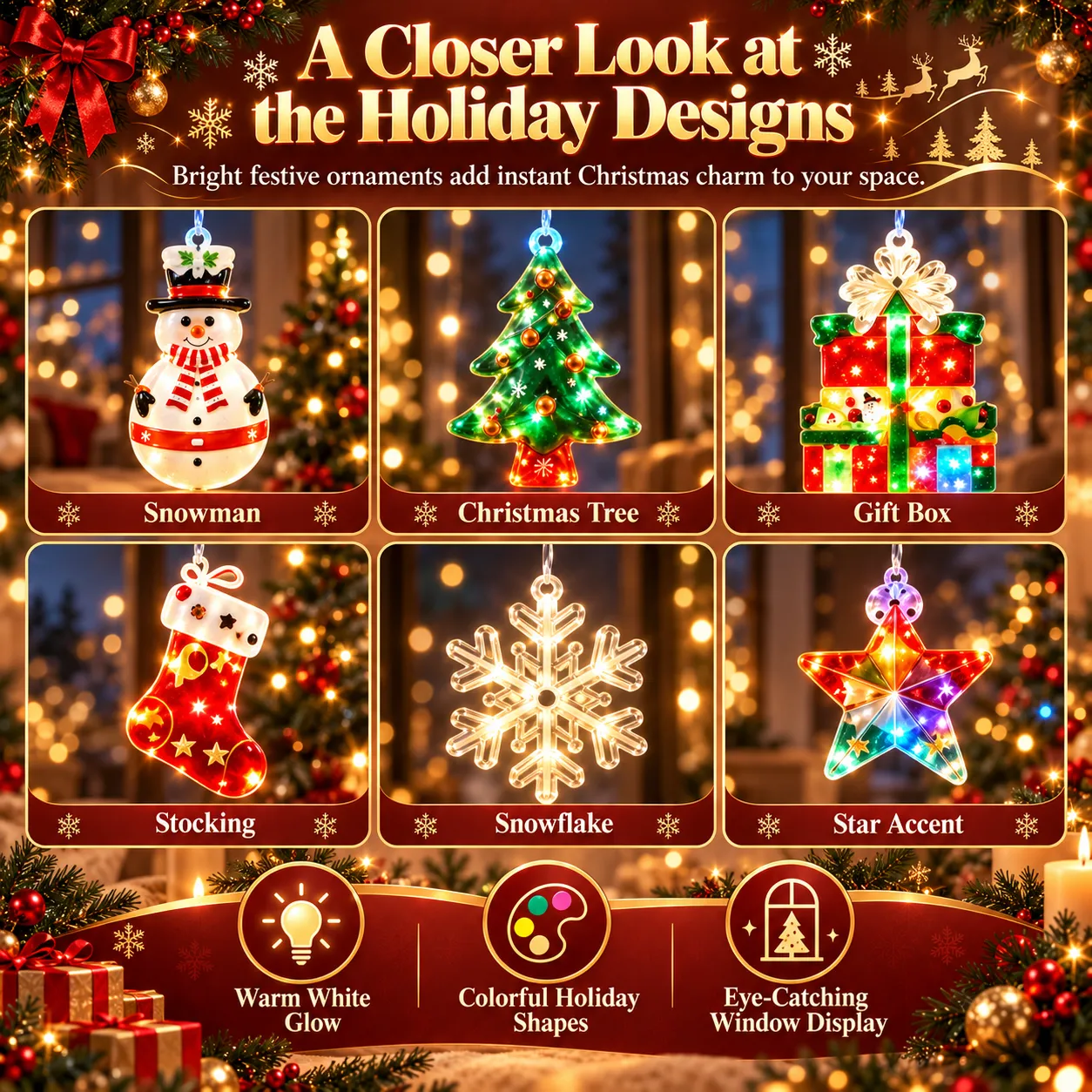 Close-up collection of snowman, Christmas tree, gift, stocking, snowflake and star light ornaments