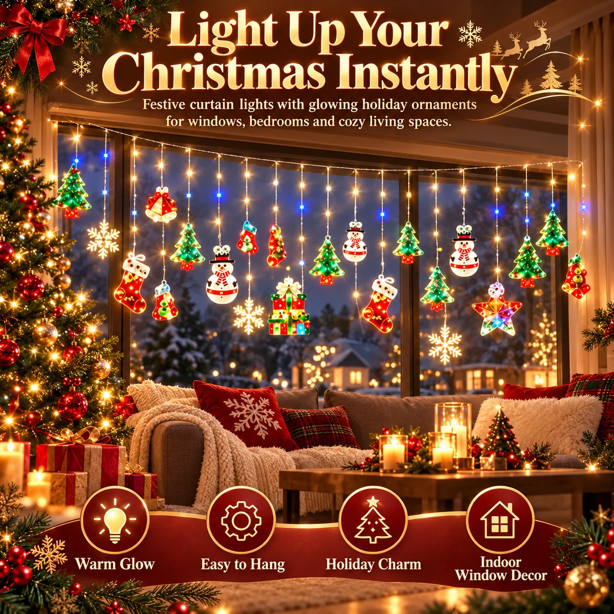 Christmas ornament curtain lights illuminating a cozy festive living room window