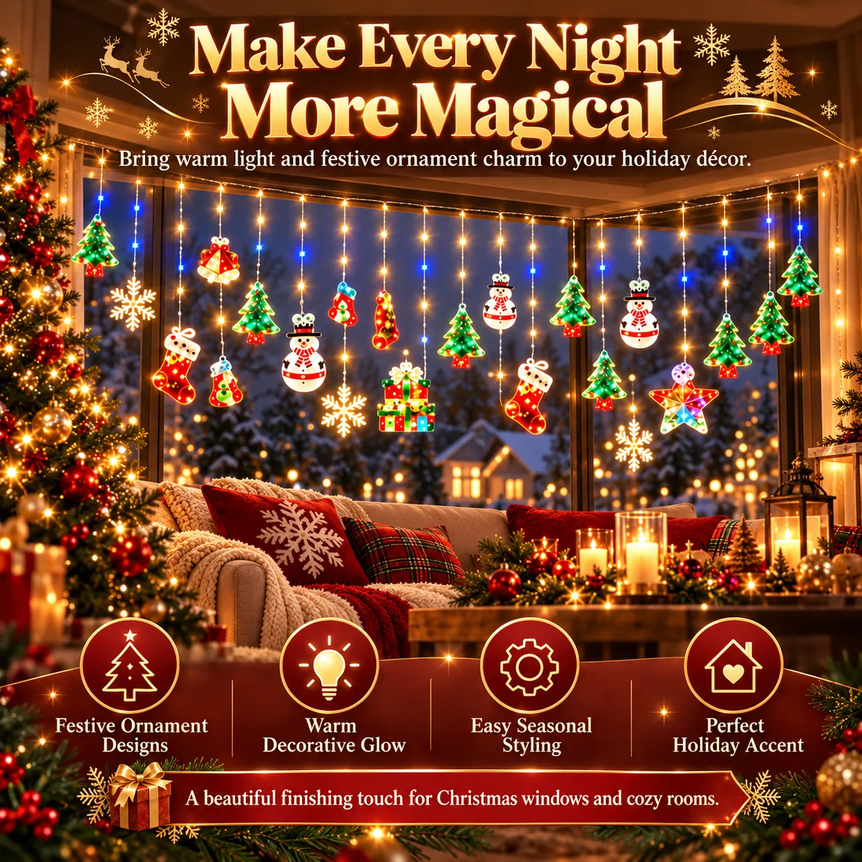 Festive Christmas living room featuring illuminated holiday ornament curtain lights
