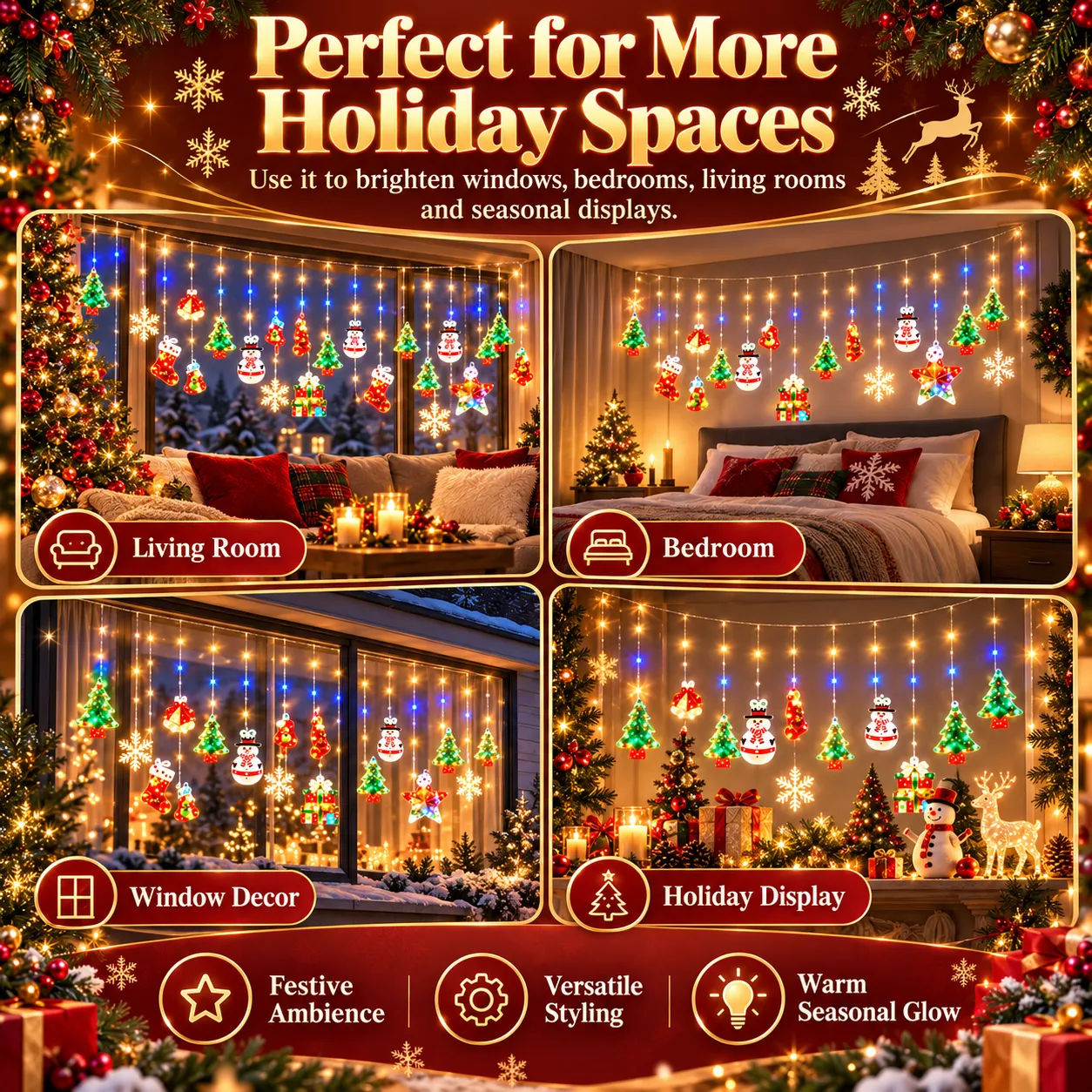 Christmas curtain lights styled in living room, bedroom, window and holiday display scenes