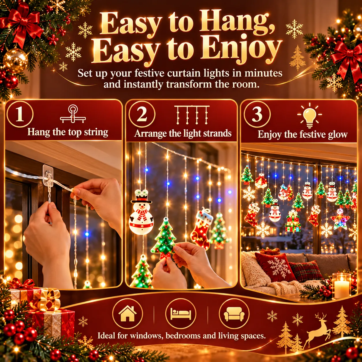 Three steps to hang and arrange Christmas ornament curtain lights