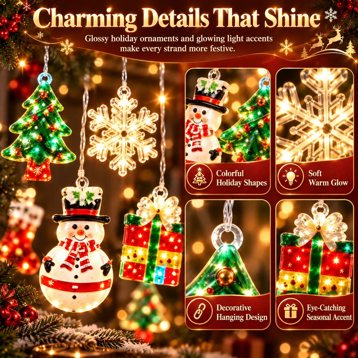 Detailed illuminated Christmas tree, snowman, snowflake and gift box ornaments