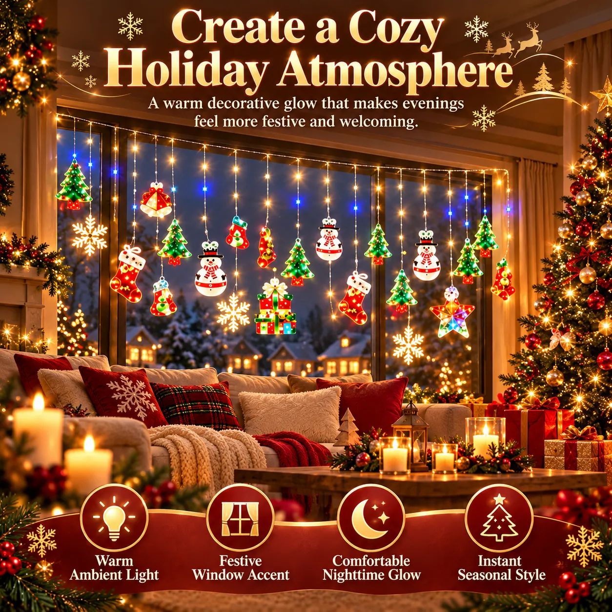 Cozy Christmas room decorated with twinkling ornament curtain lights