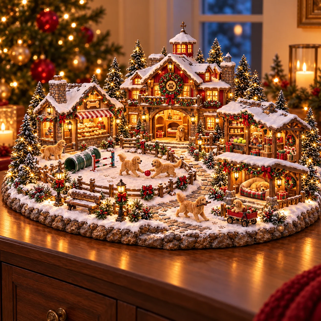 Christmas Golden Retriever Village lighted holiday display