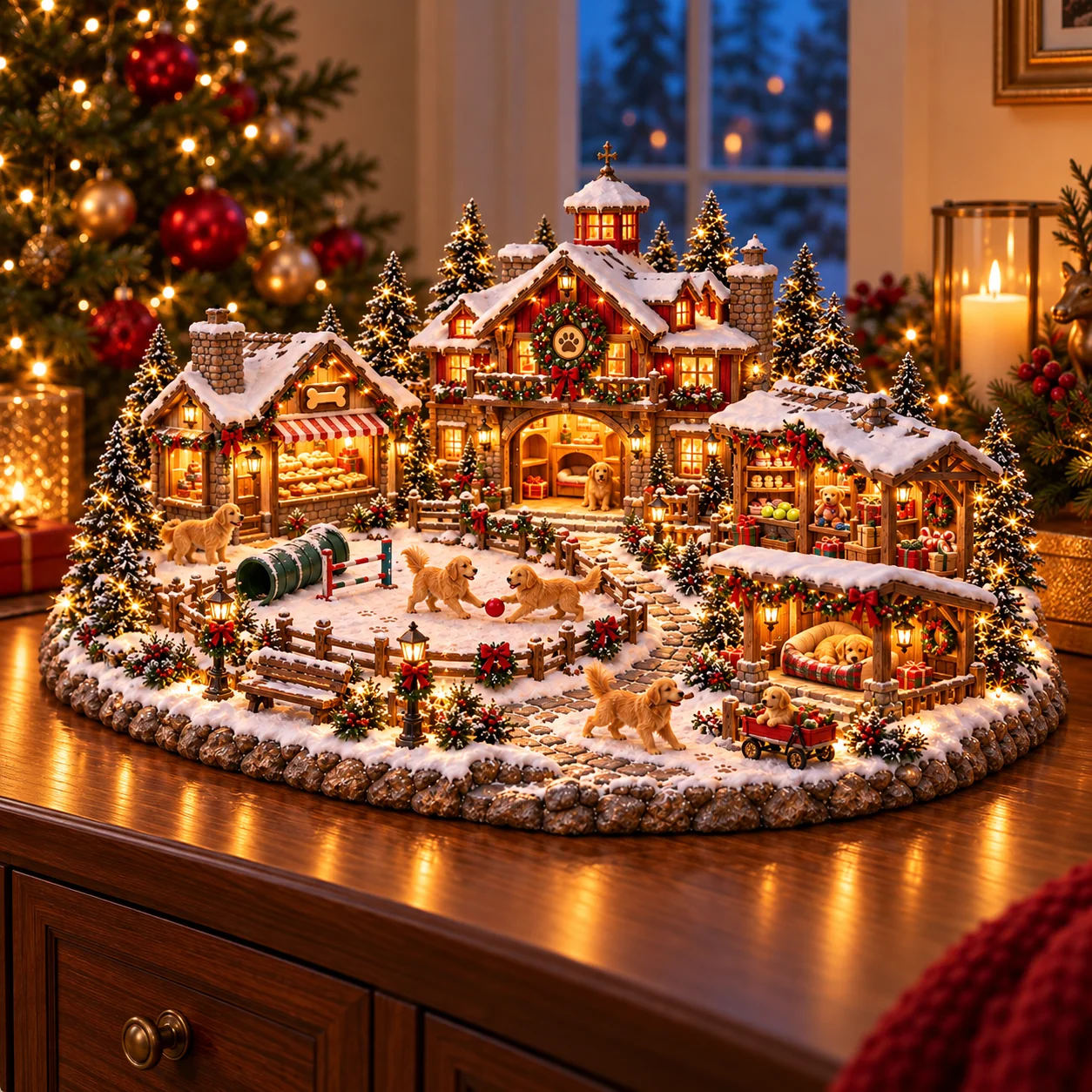 Lighted Golden Retriever Christmas Village glowing at night