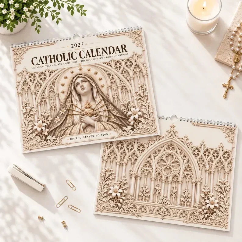 2027 Catholic liturgical wall calendar with Gothic sacred artwork