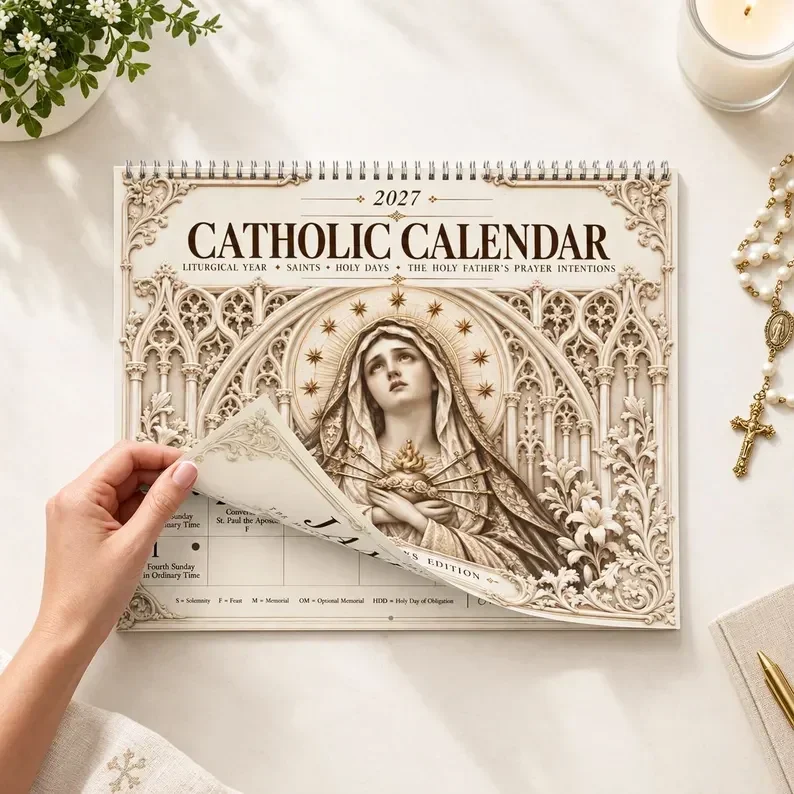 Hands turning the pages of the 2027 Catholic liturgical calendar