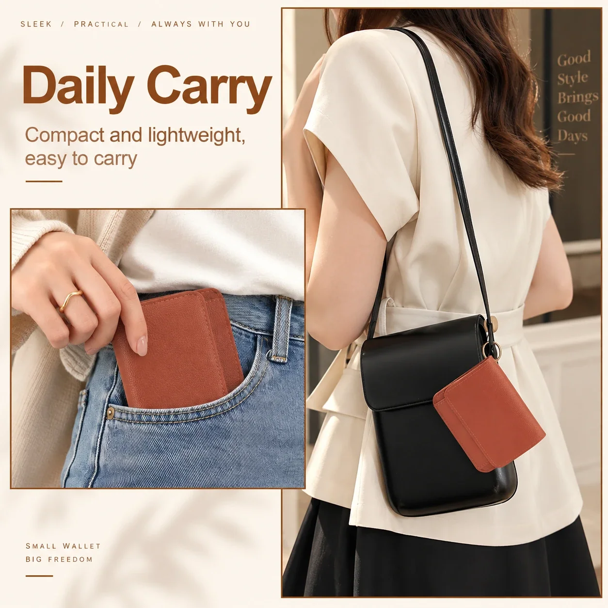 Compact wallet held in hand to show its small, lightweight everyday size