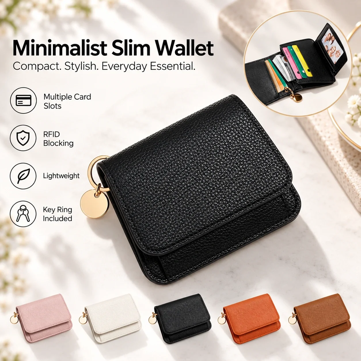Slim wallet with attached key ring holding cards and keys together