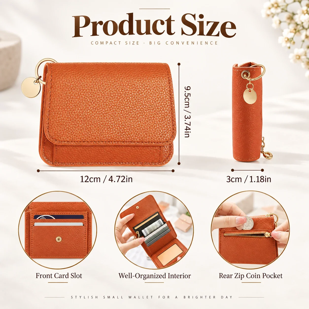 Wallet shown with cards, cash and coins to illustrate internal storage layout