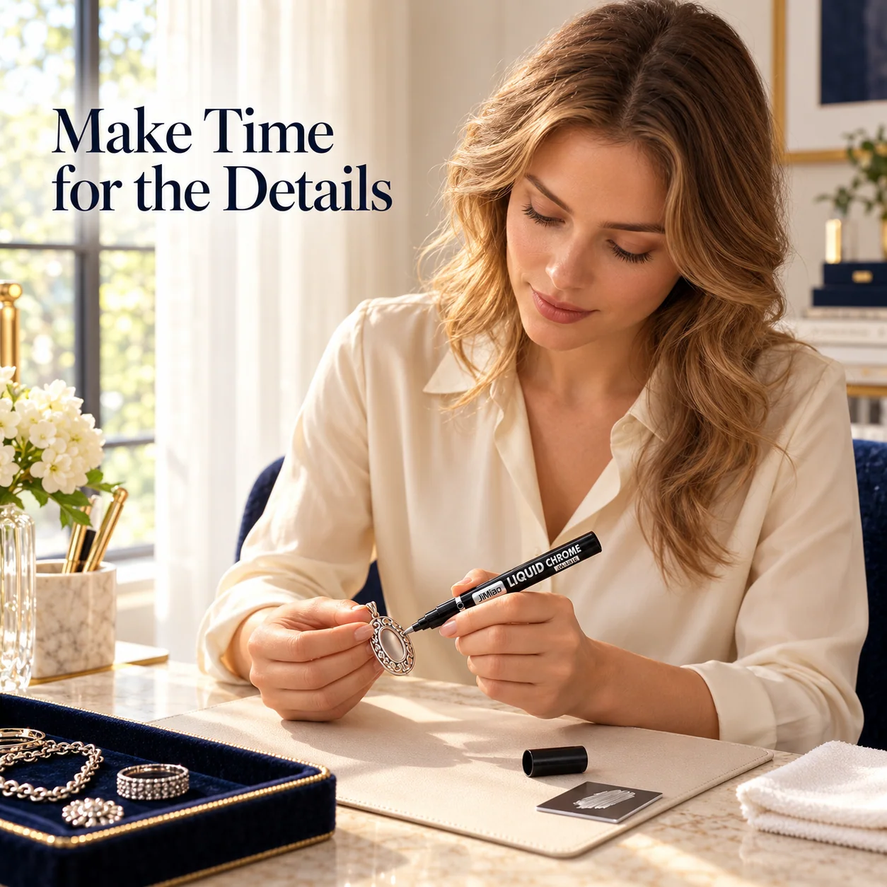 Metallic touch-up paint pen and decorative accessories arranged on an at-home work surface