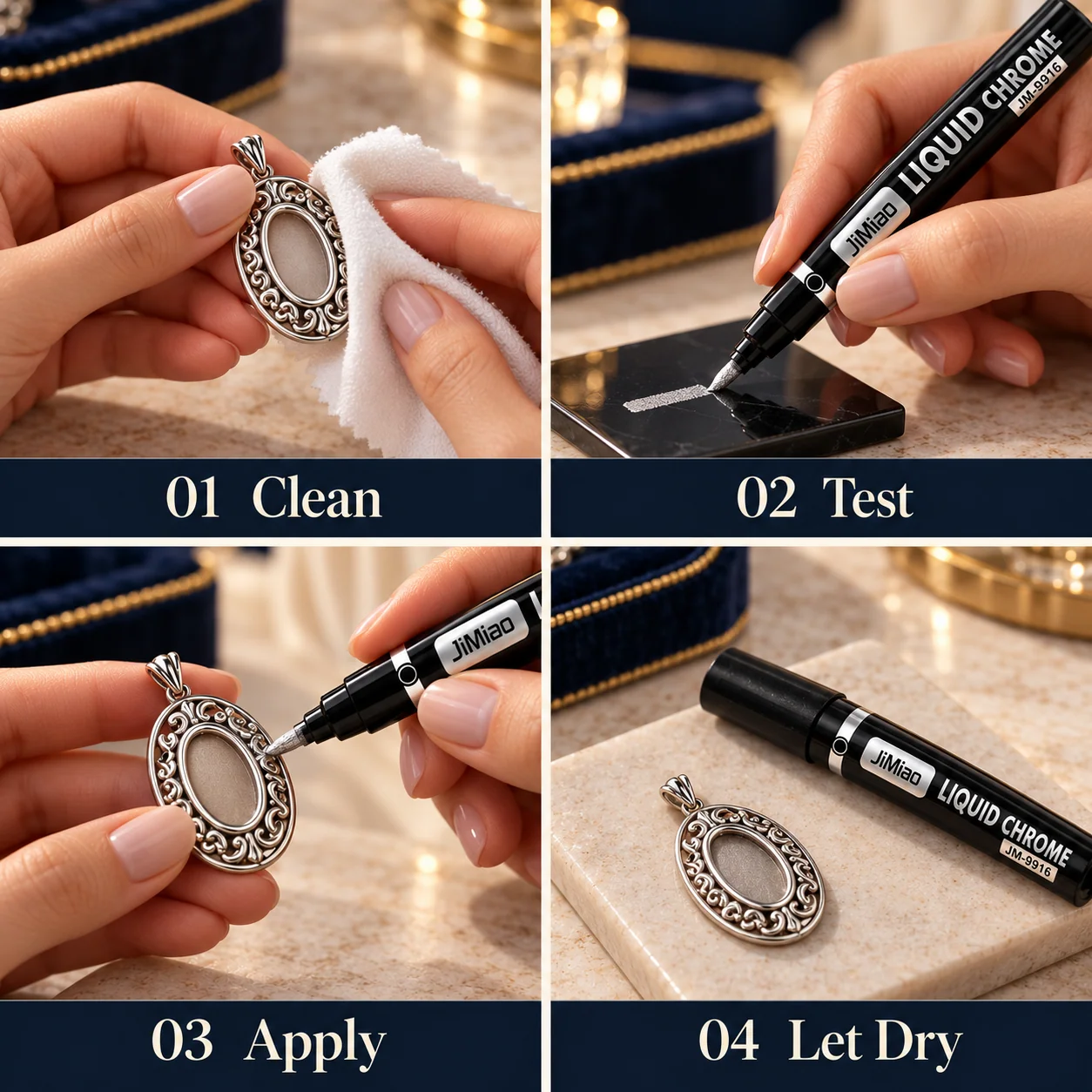 Four application steps: clean and dry, test a hidden area, apply light strokes, and let the finish dry