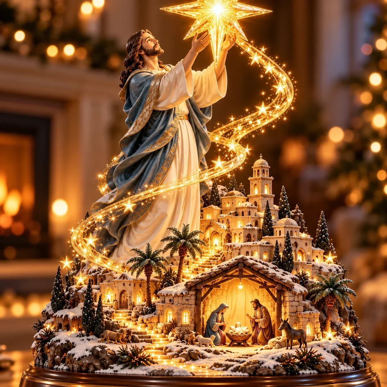 Close details of Jesus, star trail, Bethlehem and Nativity