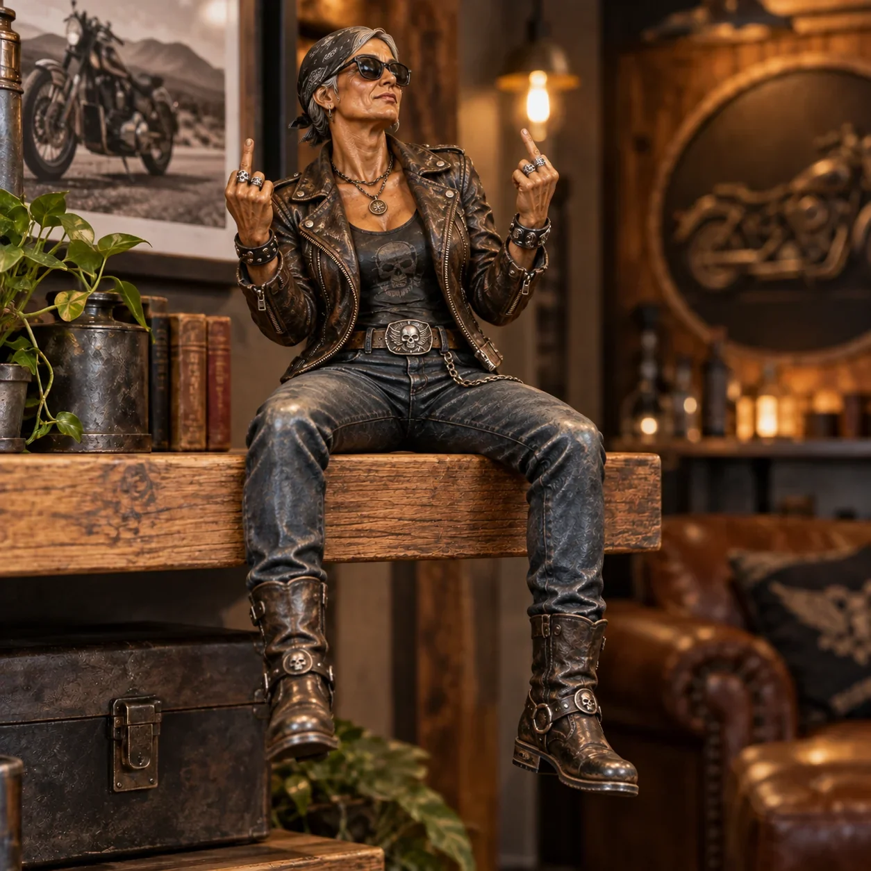 Women biker shelf sitter figurine on display