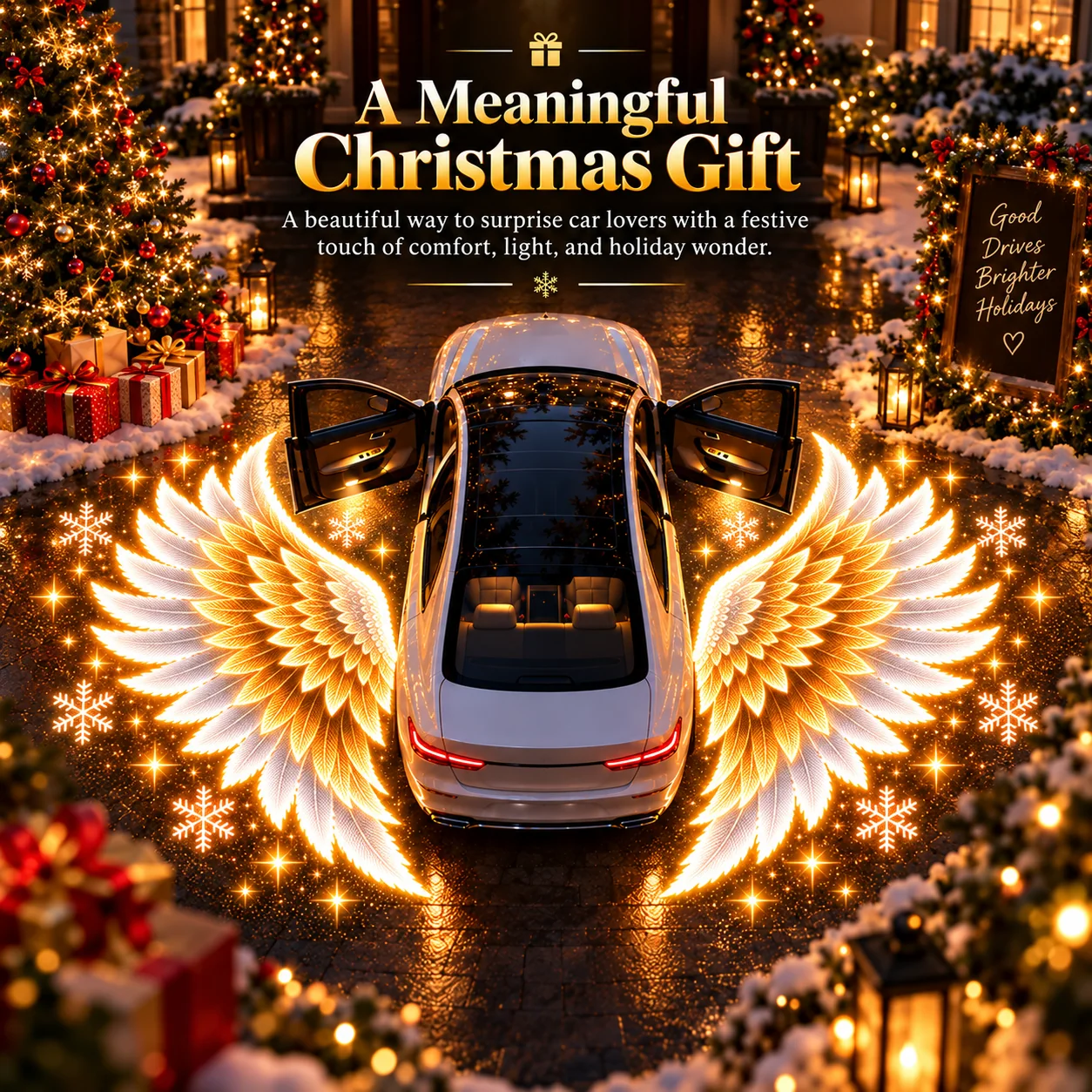 Christmas gift concept featuring the angel-wing design in a decorated holiday driveway