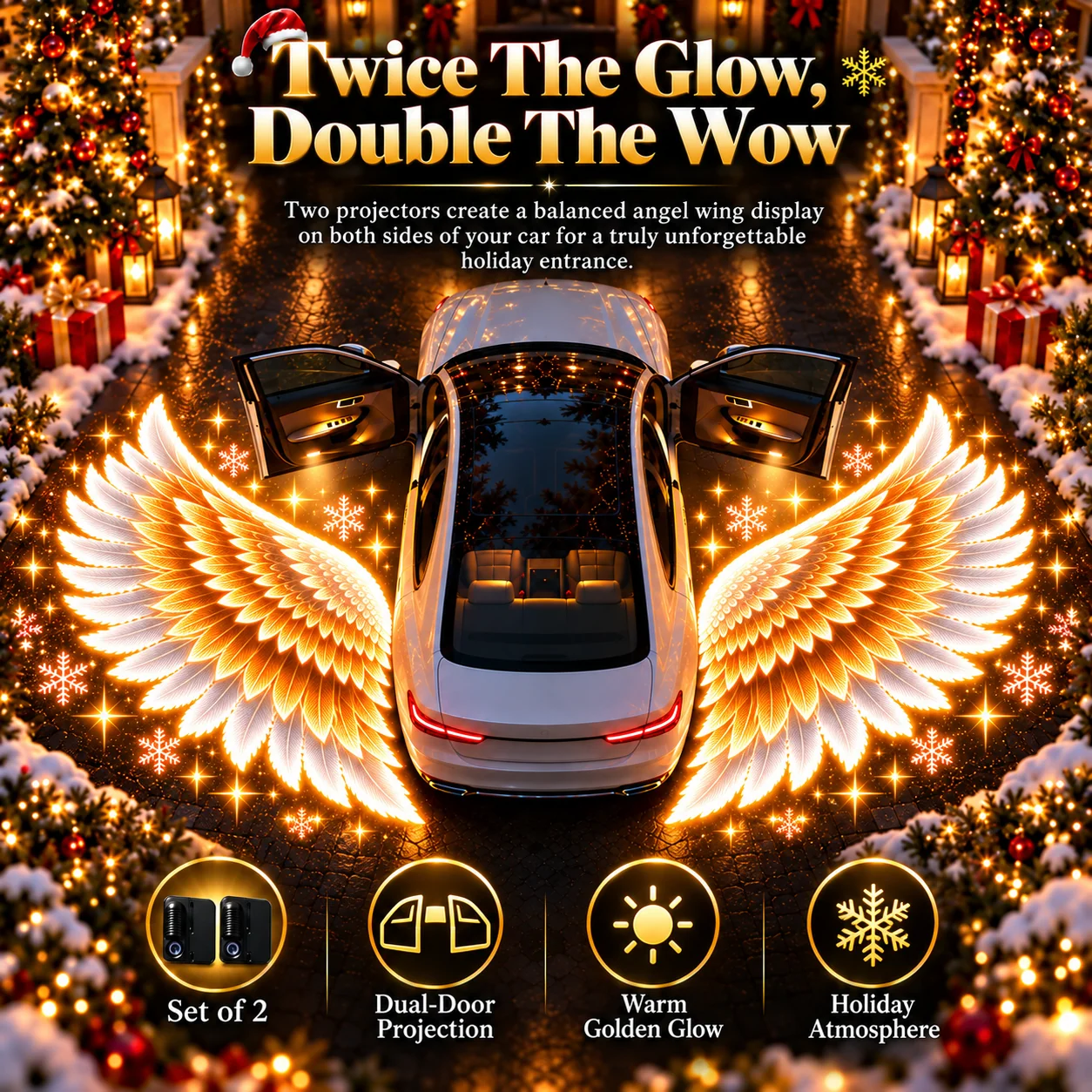 Illustrated two-projector setup with one angel-wing design on each side of a car