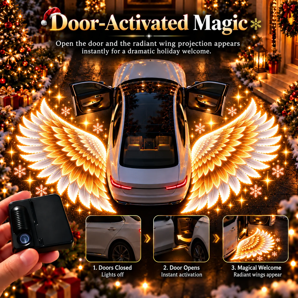 Concept sequence illustrating doors closed, door opening and an angel-wing projection appearing