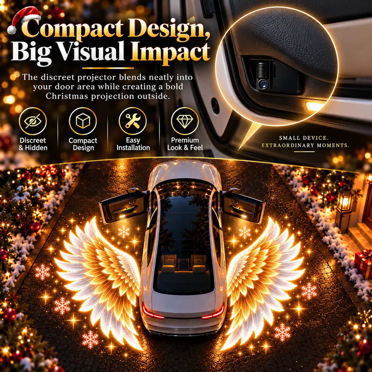 Concept detail of the compact projector housing and its illustrated position on the inside of a car door