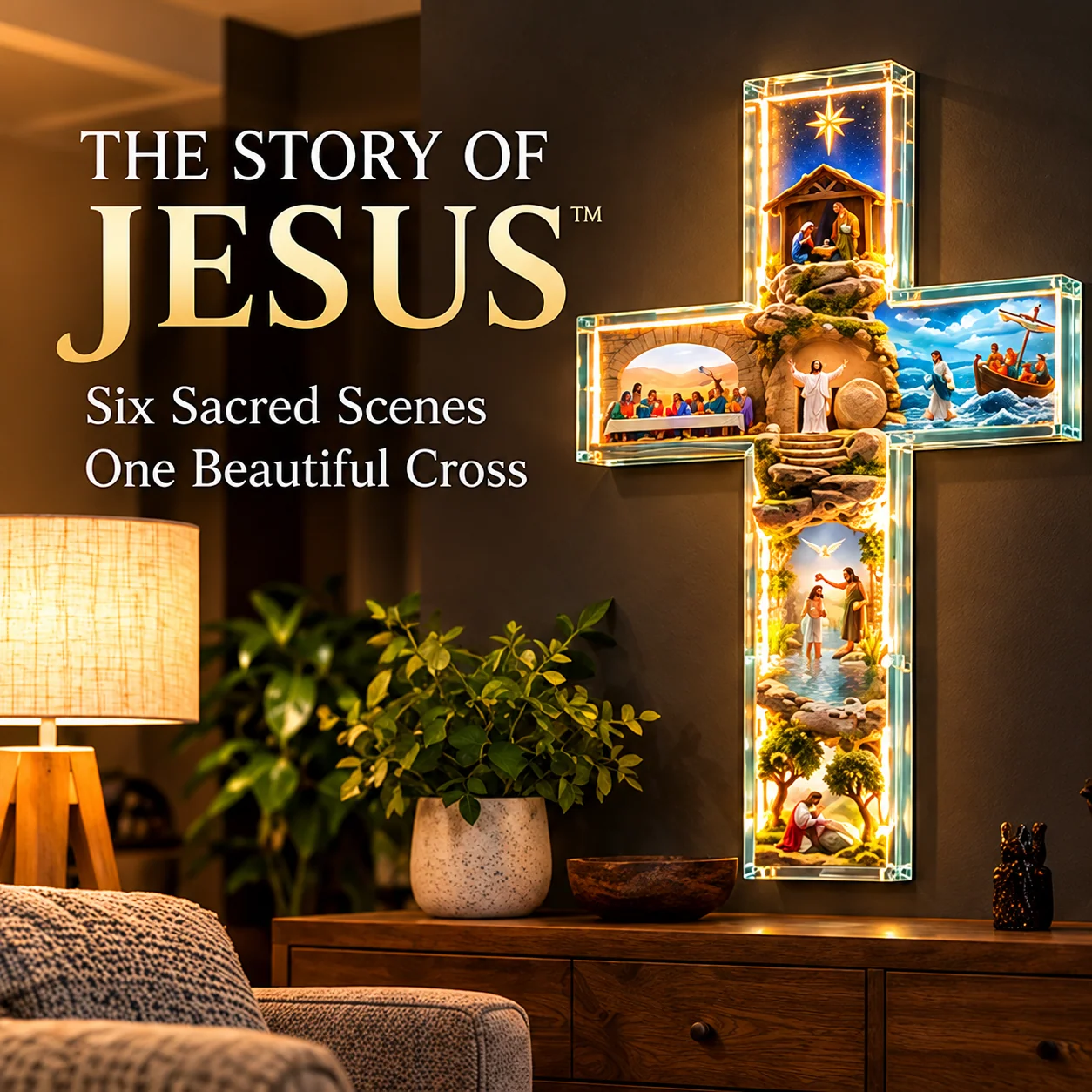 The Story of Jesus illuminated cross with six biblical scenes