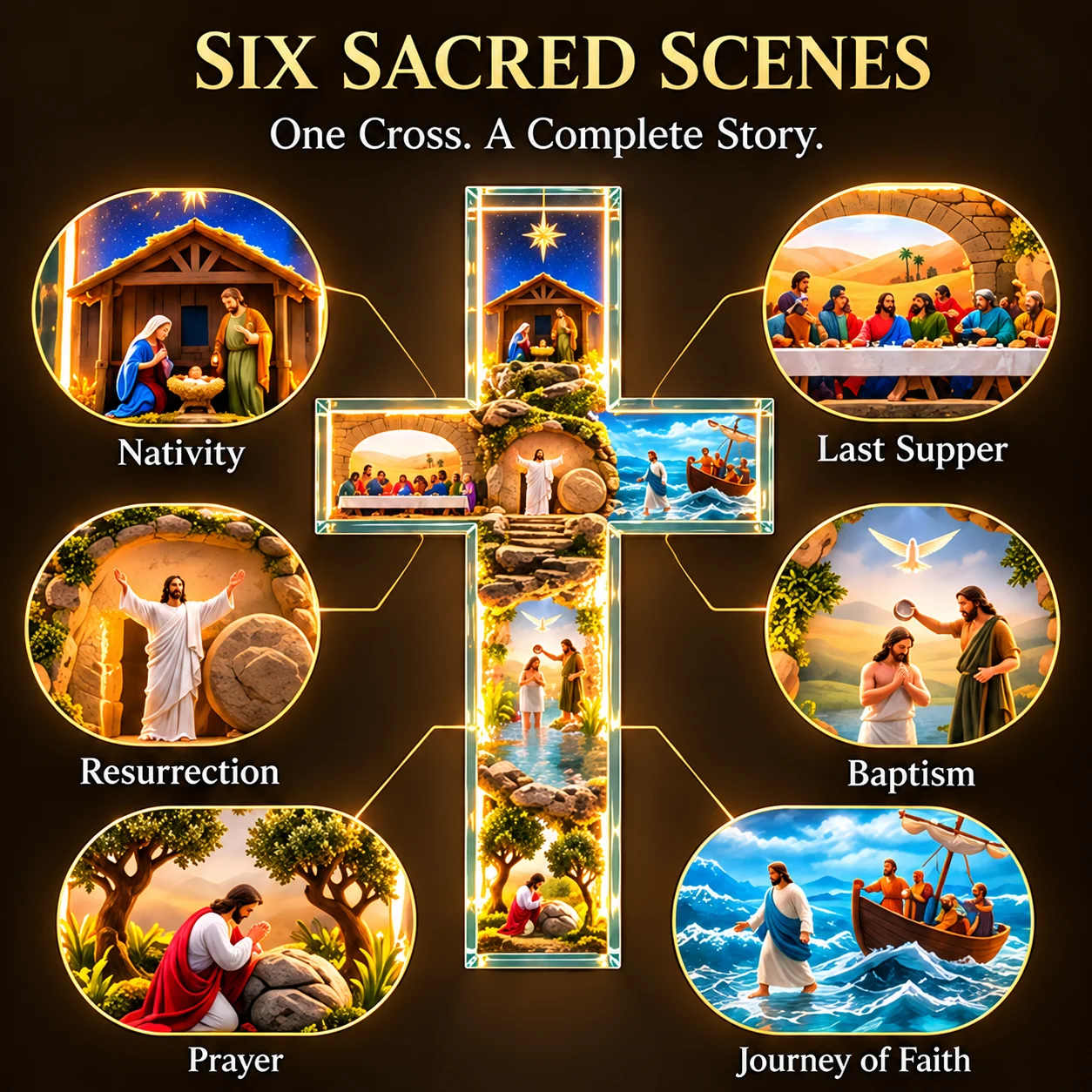 Detailed biblical miniature scenes inside illuminated cross