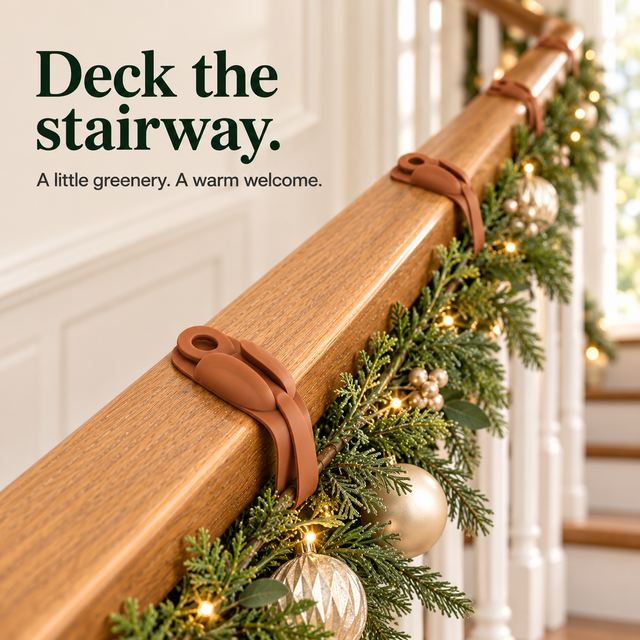 Christmas garland styled along an oak staircase using a discreet holder
