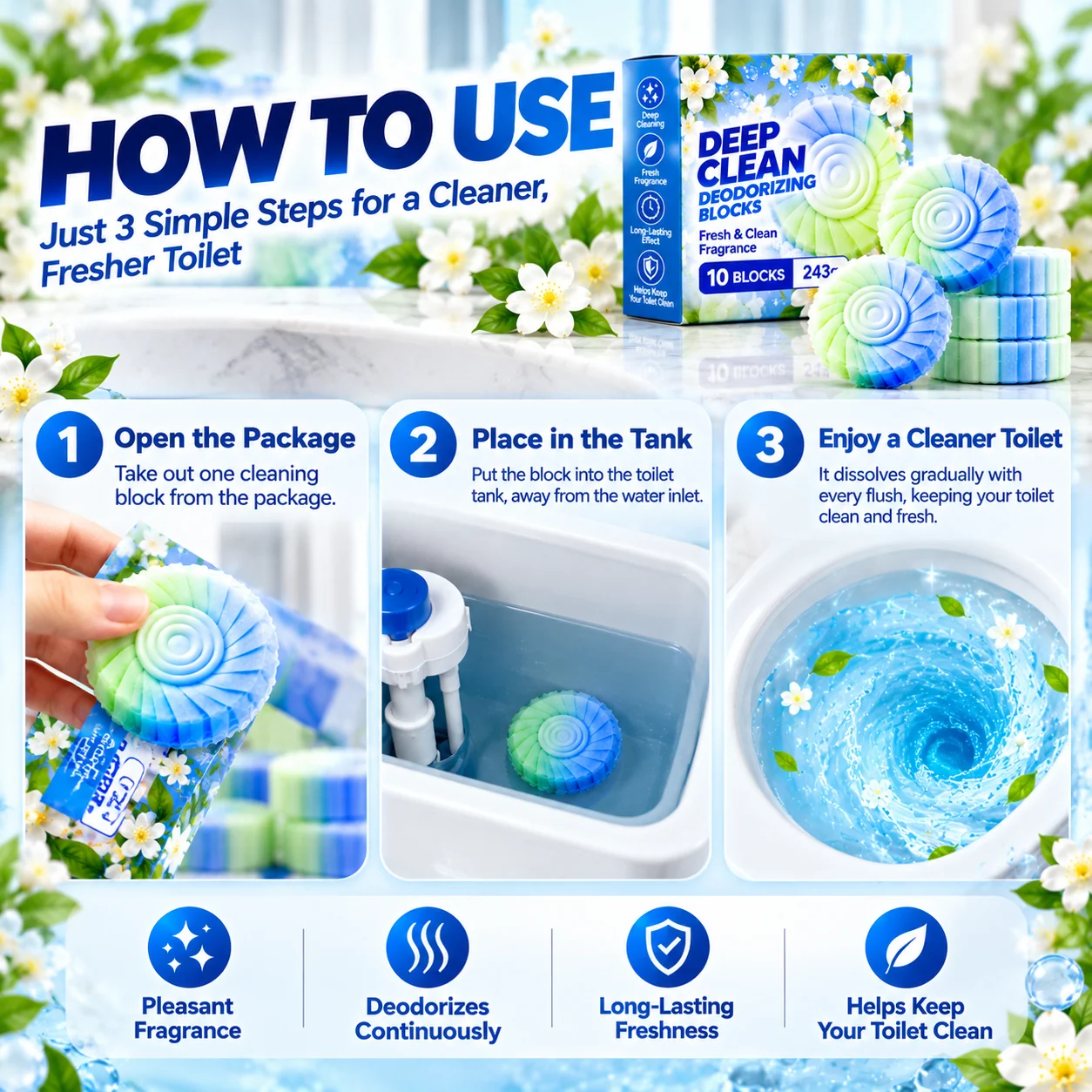 Three steps for using toilet cleaning blocks