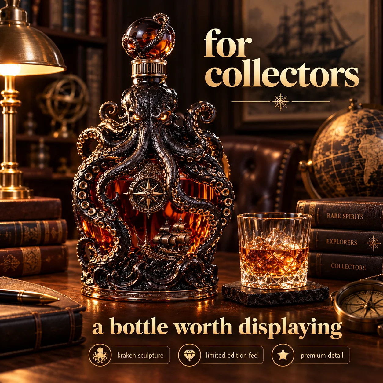 Kraken decanter displayed on a home bar