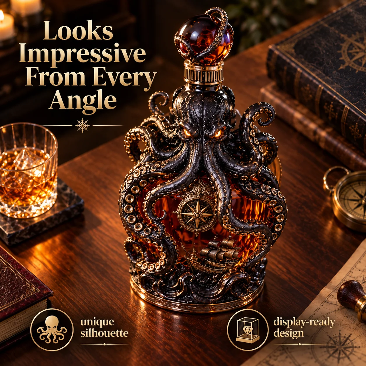 Kraken collector decanter displayed in a classic study