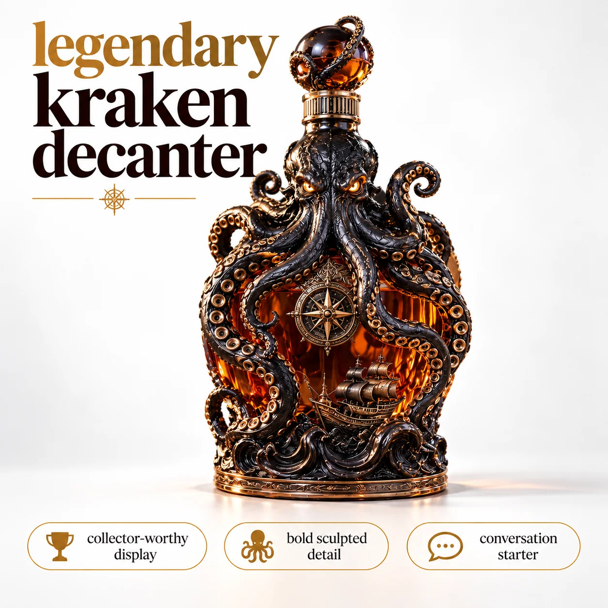 Kraken decanter shown in hand for scale