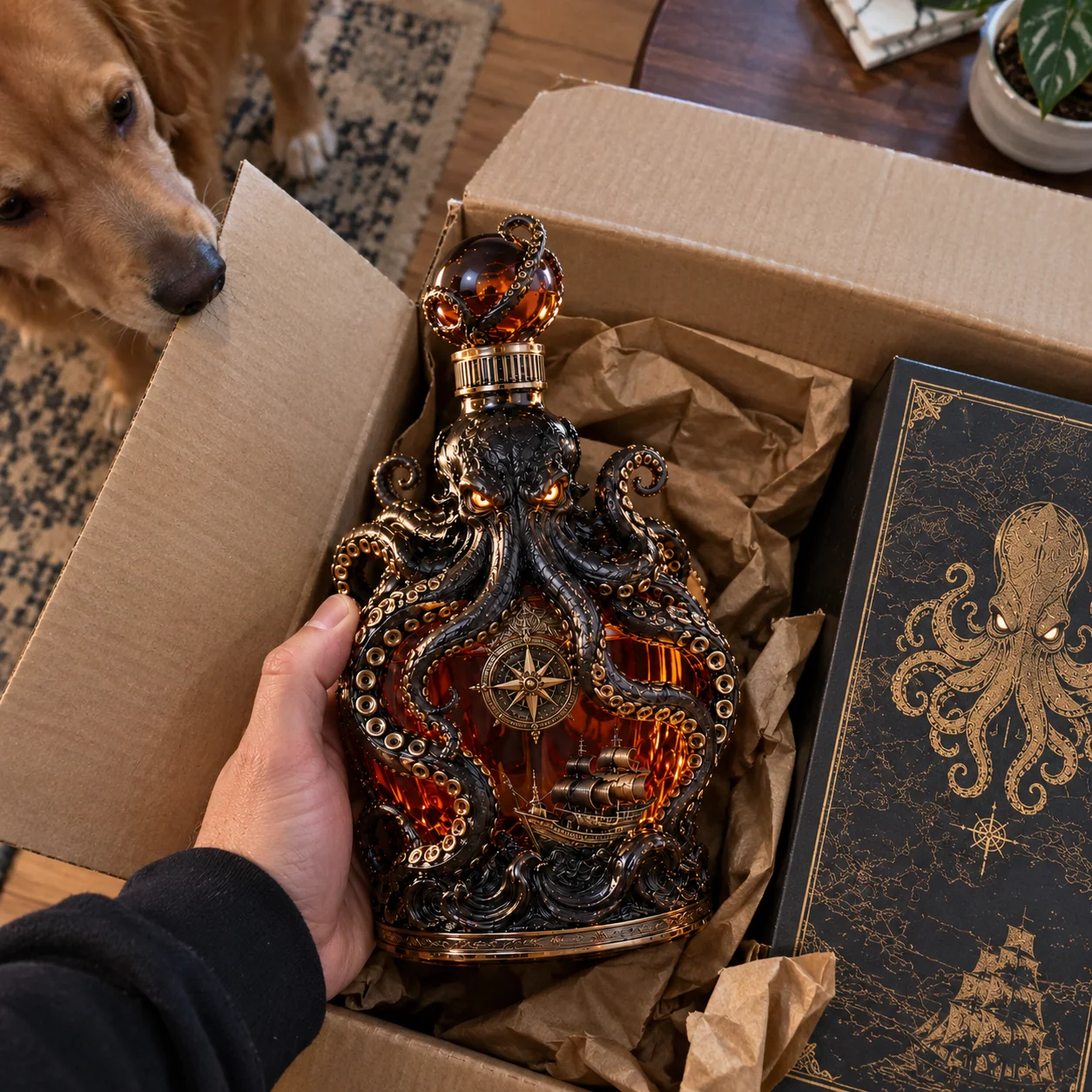 Kraken decanter inside its shipping box