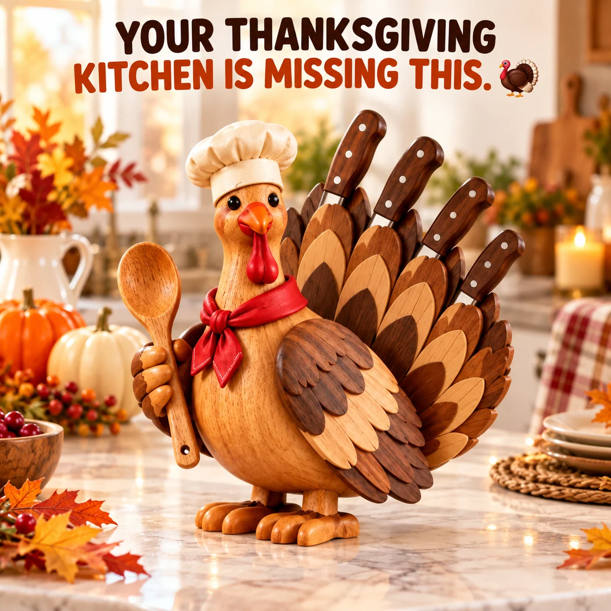 Thanksgiving kitchen decorated with turkey knife holder