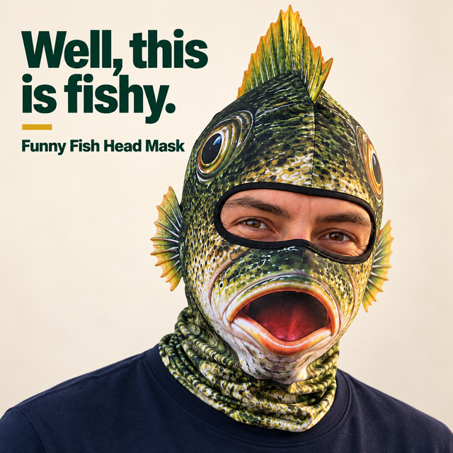 Front portrait of an adult wearing the printed fish head hood