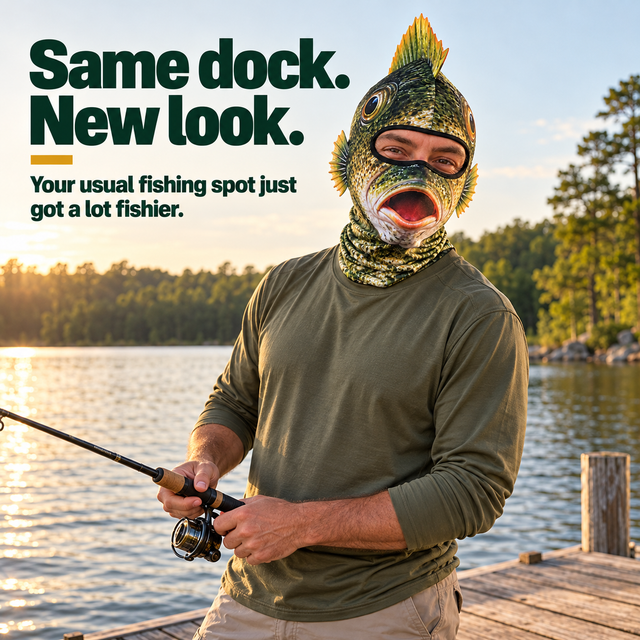 Adult wearing the fish head hood while posing with a fishing rod beside a lake