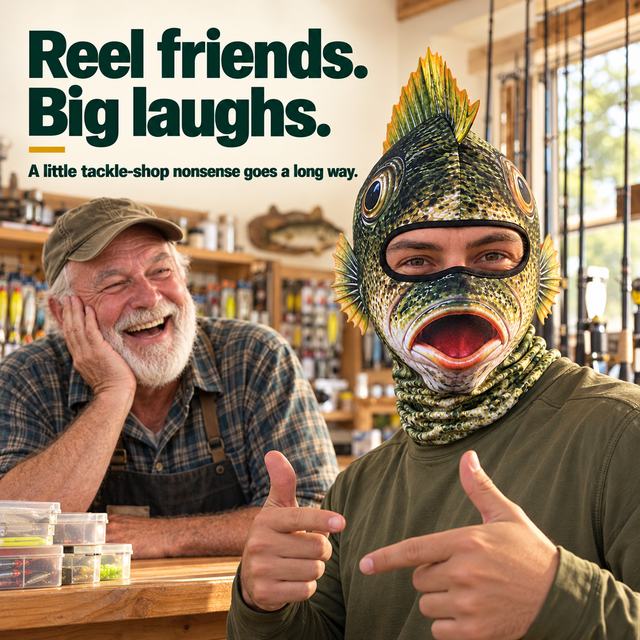 Bait-shop friends laughing as one adult wears the funny fish head hood