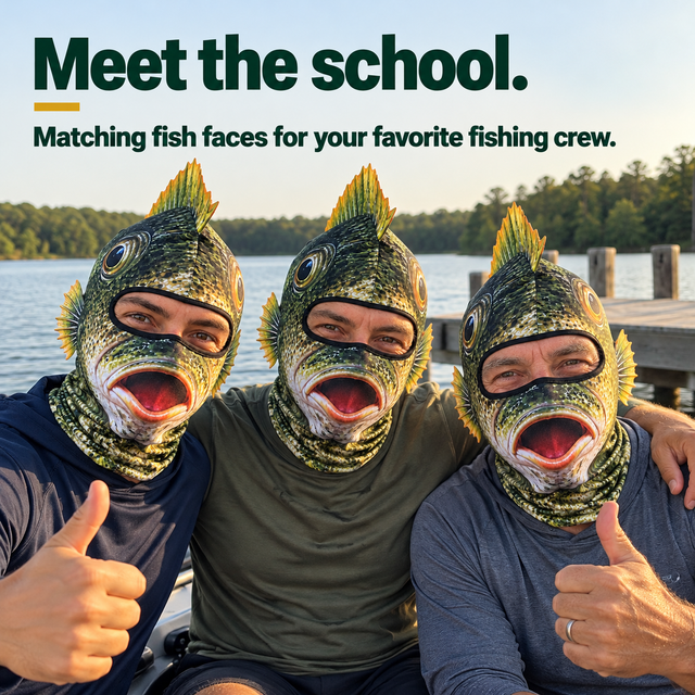Three adult fishing friends posing together in matching fish head hoods