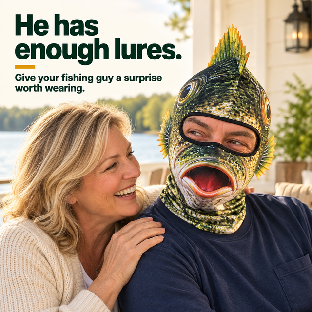 Woman laughing with an adult wearing the fish head hood on a lakeside porch