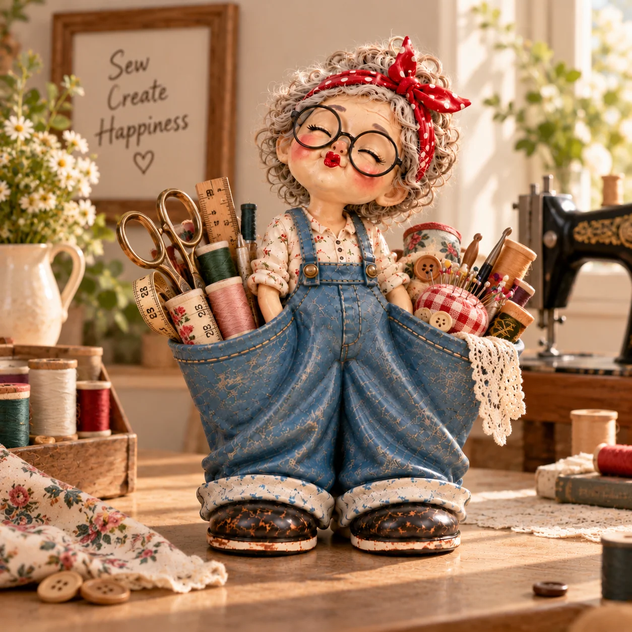 Vintage girl decorative storage organizer with double denim pockets