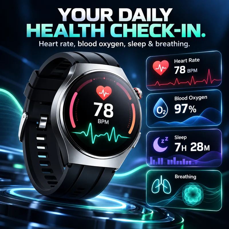 Watch5 health-monitoring visual showing heart-rate, blood-oxygen, sleep and breathing screens with illustrative readings