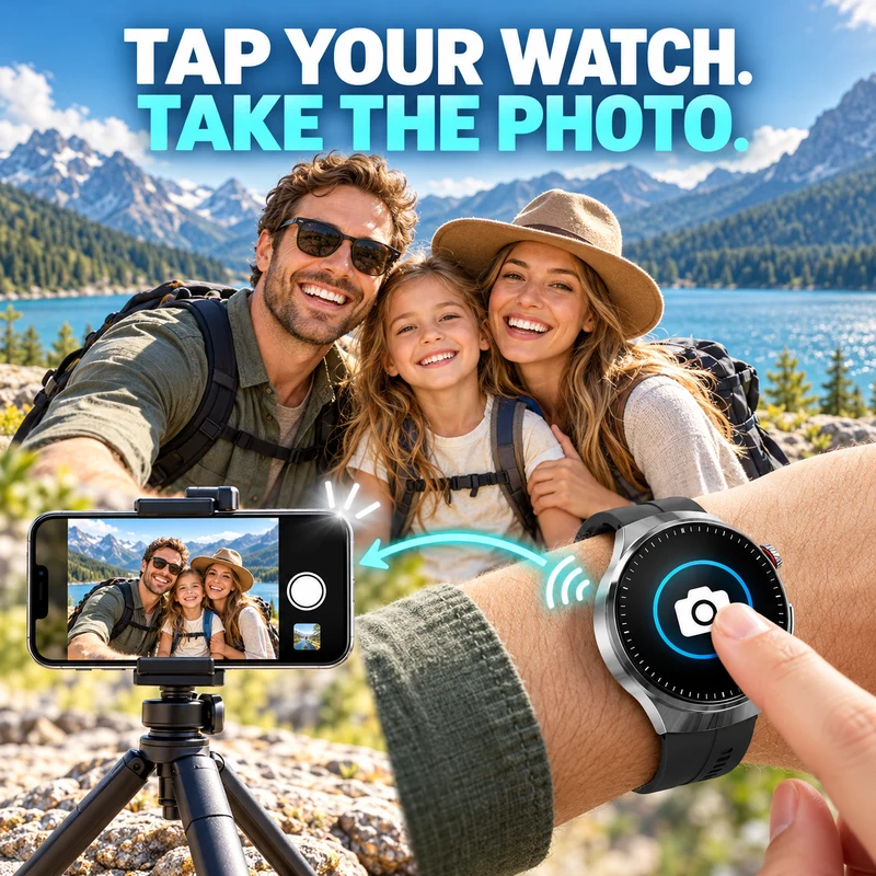 Family group photo captured on a phone using a remote shutter on the Watch5 smartwatch