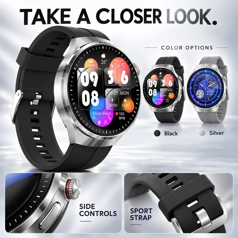 Watch5 smartwatch in Black and Silver color options with crown and strap close-ups