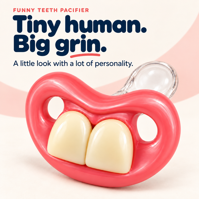 Pink funny teeth pacifier with two oversized front teeth